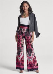 Venus Plus Size Wide Leg Paisley Print Pants in Pink Multi