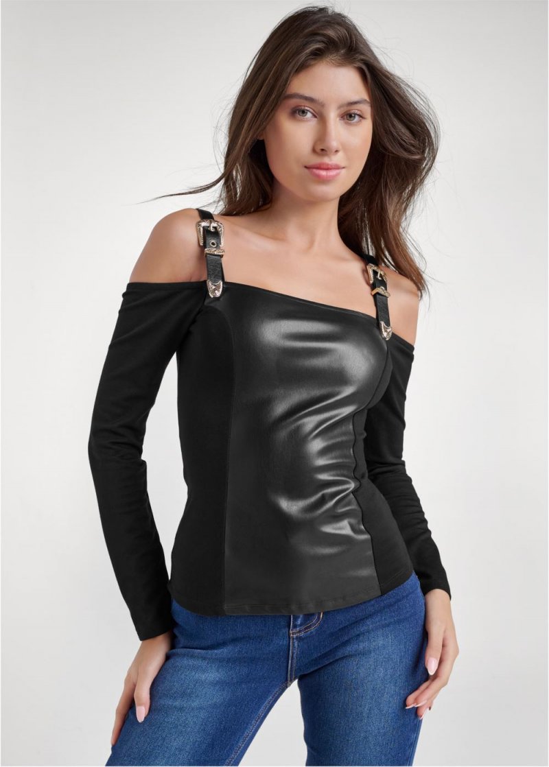 Venus Faux Leather Buckle Detail Top in Black