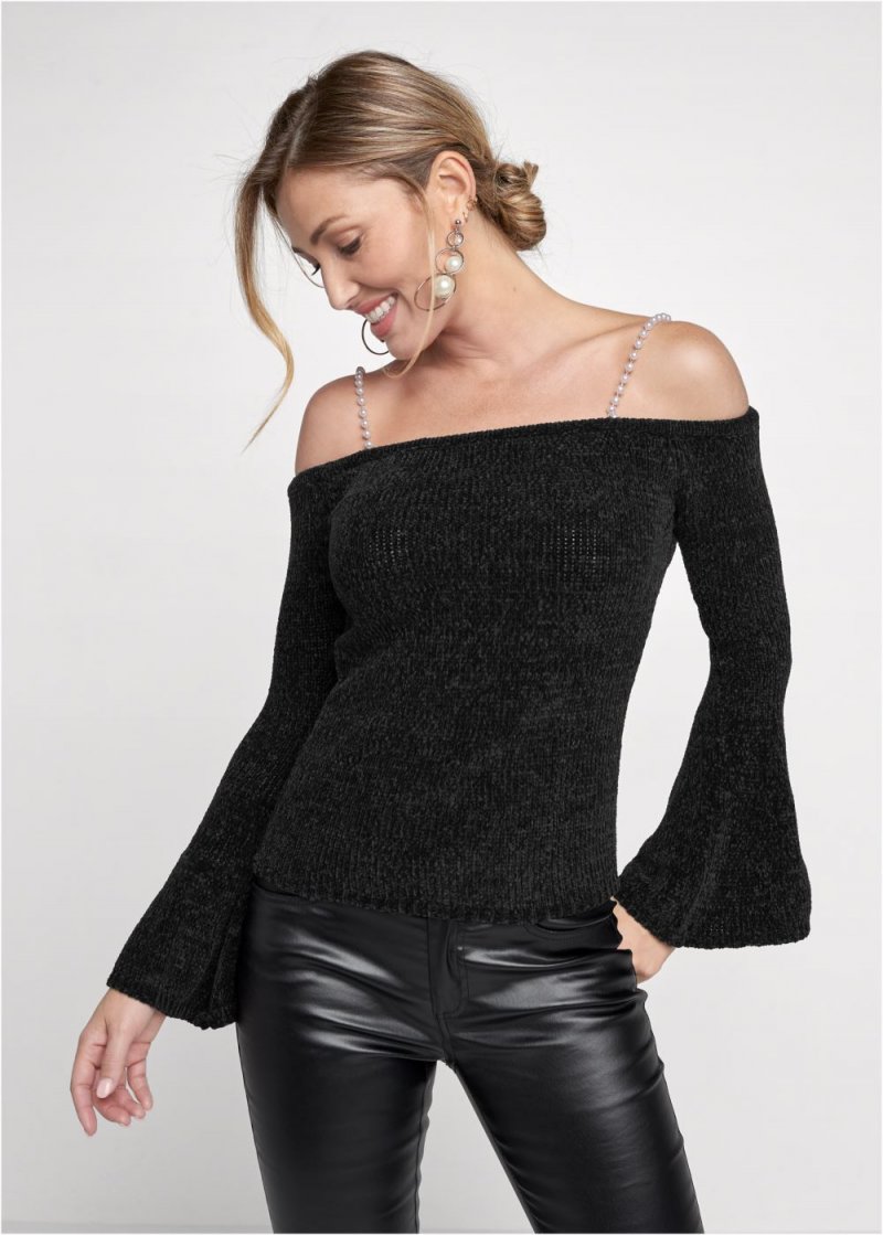 Venus Plus Size Off-The-Shoulder Pearl Strap Chenille Sweater in Black