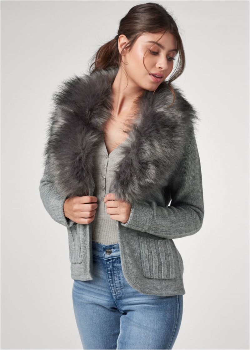 Venus Plus Size Faux Fur Trim Cardigan in Grey