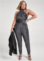 Venus Plus Size Cross-Neck Sparkle Jumpsuit in Silver