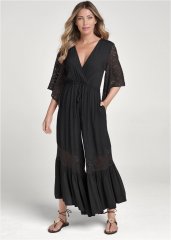 Venus Plus Size Wide Leg Lace Trim Jumpsuit in Black