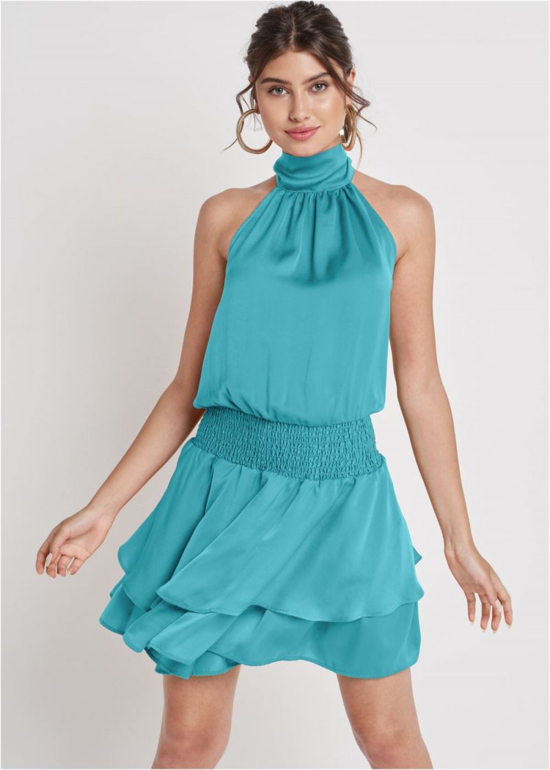 Venus High Neck Mini Dress - Aqua