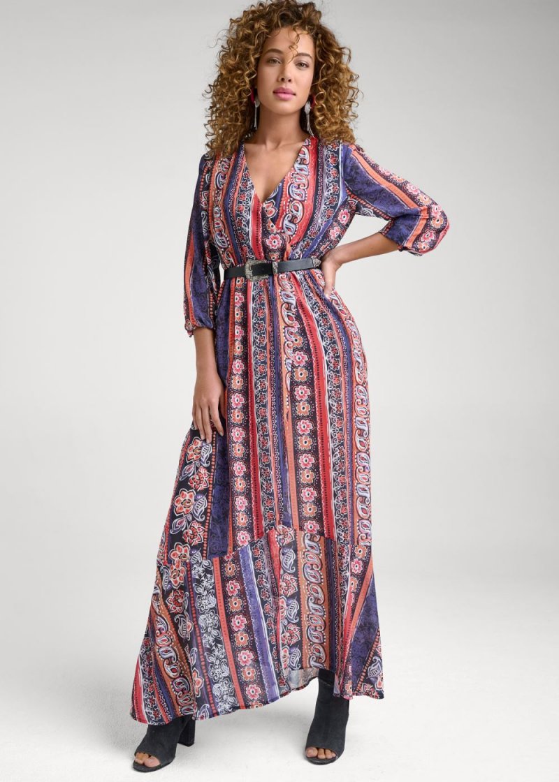 Venus Printed Stripe Long Dress - Orange Multi