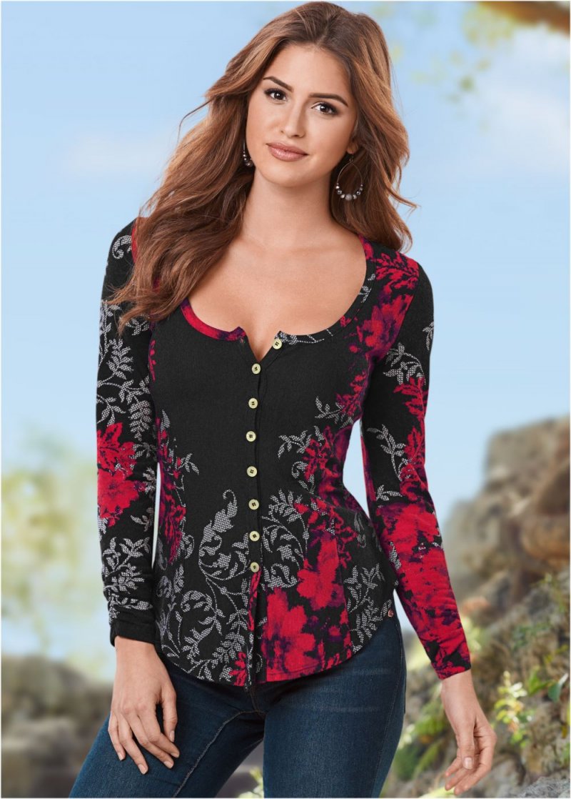 Venus Floral Print Button Down in Red Multi