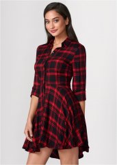 Venus Plaid High Low Dress - Red Multi