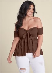 Venus Plus Size Tie Front Smocked Top