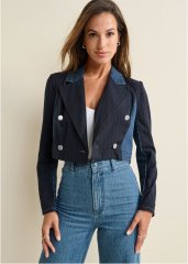 Venus Denim And Pinstripe Blazer in Medium Wash