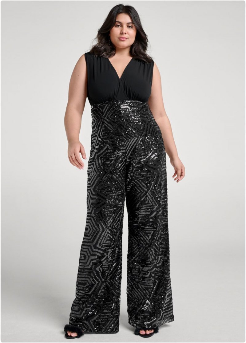 Venus Plus Size Sequin Surplice Jumpsuit in Black