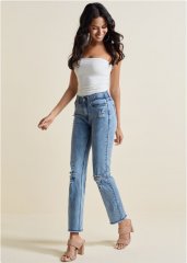 Venus Plus Size Elastic Waist Straight Jeans in Acid Wash