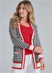 Venus Plus Size Houndstooth Print Cardigan With Color Block Stripes in Black & White