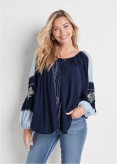 Venus Embroidered Peasant Top in Navy Multi