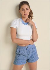 Venus Eyelet Cuffed Button Shorts - Blue