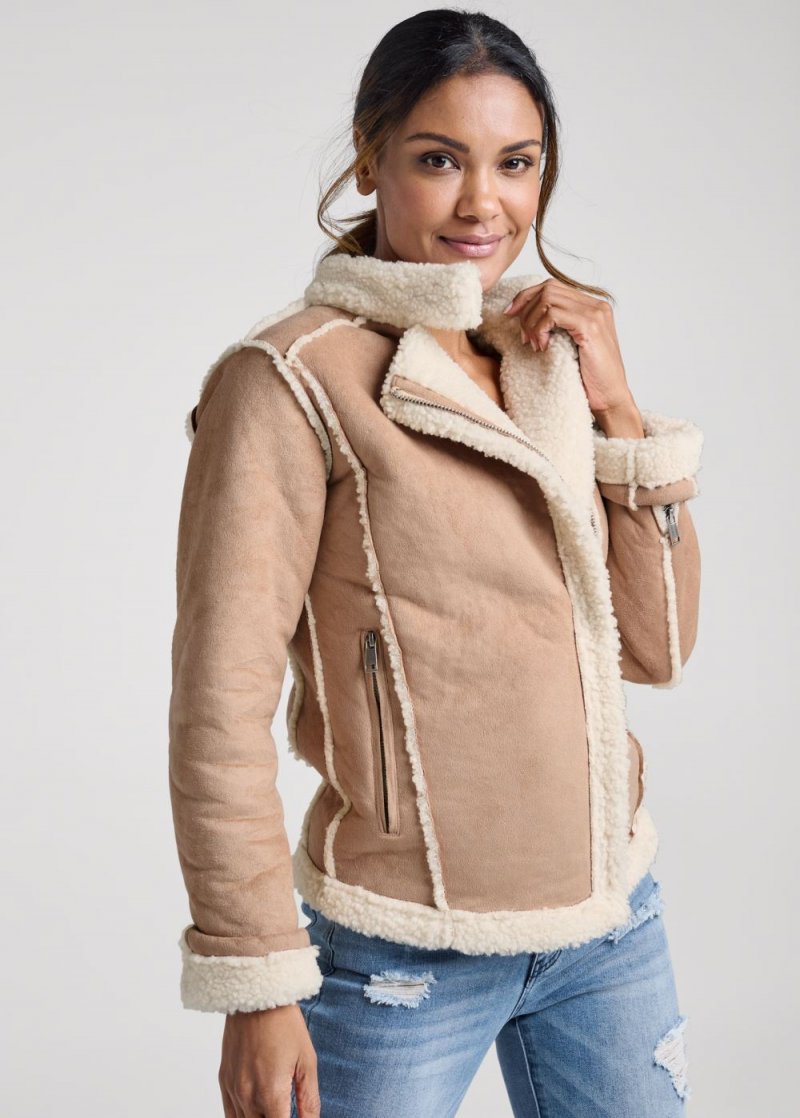 Venus Faux-Suede/Sherpa Moto Coat in Beige Multi