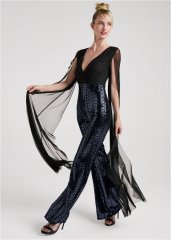 Venus Cape Sleeve Sequin Jumpsuit in Black