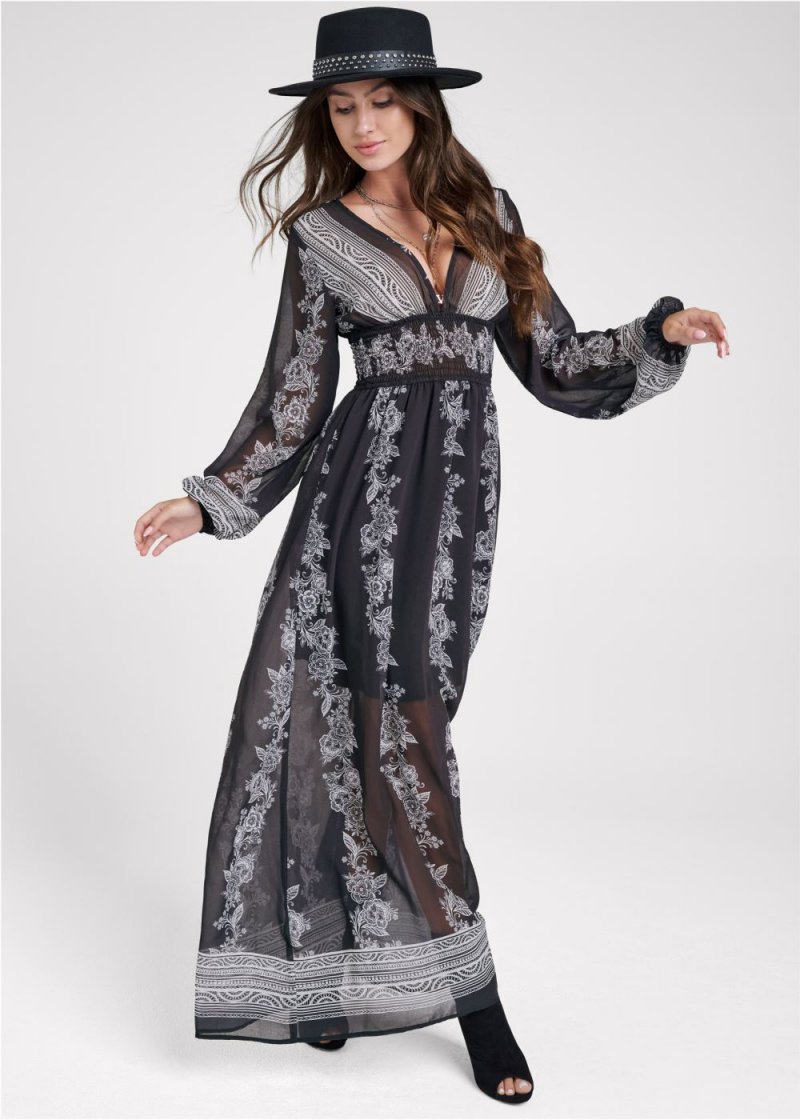 Venus Plus Size Printed V-Neck Long Dress