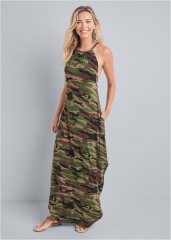 Venus Tie Neck Maxi Dress - Olive Multi