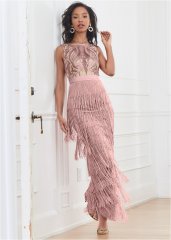 Venus Embroidered Fringe Long Dress - Tan