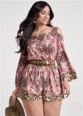 Venus Plus Size Sahara Paisley Cold Shoulder Romper in Blush & Brown