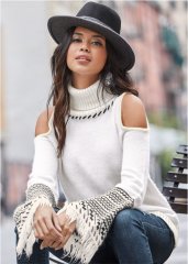 Venus VENUS | Cold-Shoulder Turtleneck Sweater in White & Black