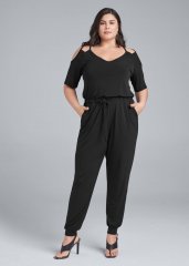 Venus Plus Size Cold-Shoulder Jumpsuit in Black