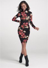 Venus Long Sleeve Ruched Dress - Black & Red