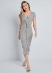 Venus Brushed Rib Knot Lounge Dress in Heather Grey