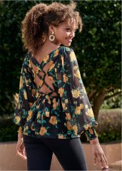 Venus Blooming Roses Lace-Up Blouse in Black Multi