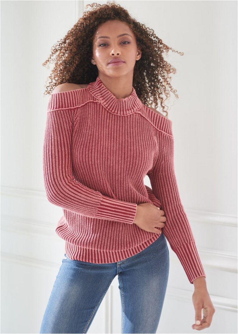 Venus VENUS | Cold-Shoulder Mock-Neck Top in Pink