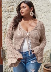 Venus Plus Size Tie-Front Cropped Cardigan in Taupe