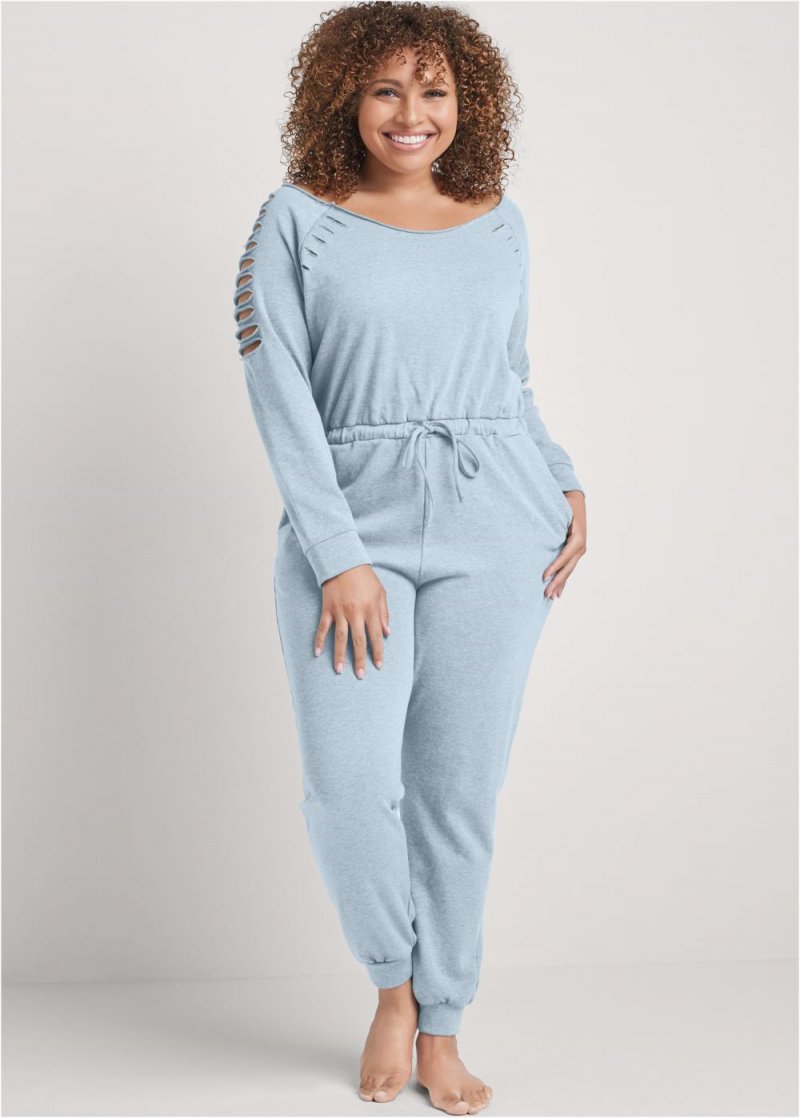 Venus Plus Size Slash Sleeve Jumpsuit in Light Blue