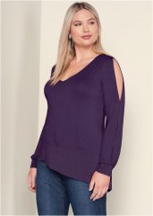 Venus Dark Purple V-NECK COLD-SHOULDER TOP