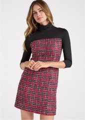 Venus Mock-Neck Plaid Tweed Dress - Red & Black