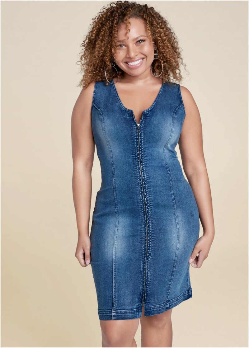 Venus Plus Size Zip Detail Denim Dress