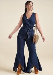 Venus Plus Size Flared Denim Jumpsuit in Dark Wash