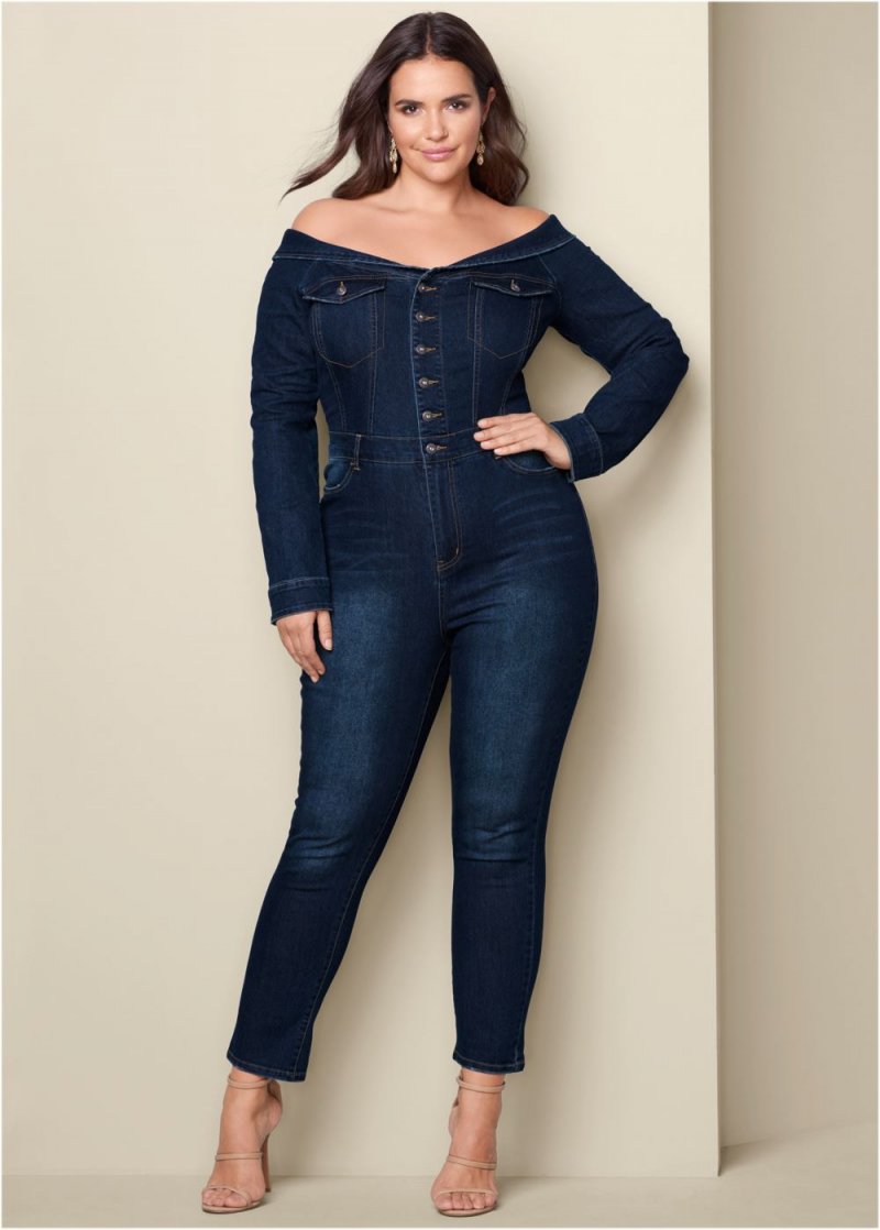 Venus Plus Size Off-The-Shoulder Denim Jumpsuit in Dark Wash