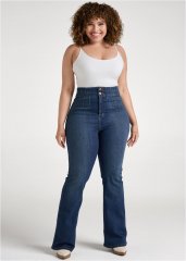 Venus Plus Size Pintuck Semi-Flare Jeans in Dark Wash