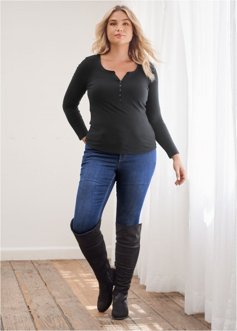 Venus Plus Size Ribbed Henley Top