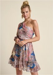 Venus One-Shoulder Paisley Dress - Pink Multi