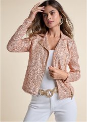 Venus Zip-Front Sequin Jacket in Rose Gold