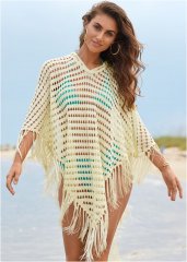 Venus Exotic Fringe Poncho Hoodie in Cream