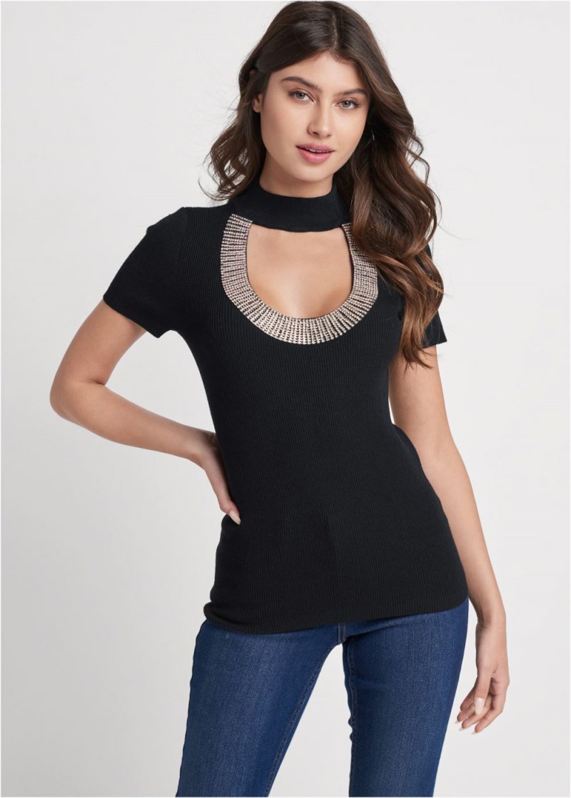 Venus Plus Size Rhinestone Trim Sweater in Black