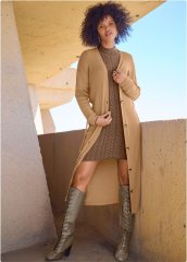 Venus Plus Size Button-Front Ribbed Duster in Camel