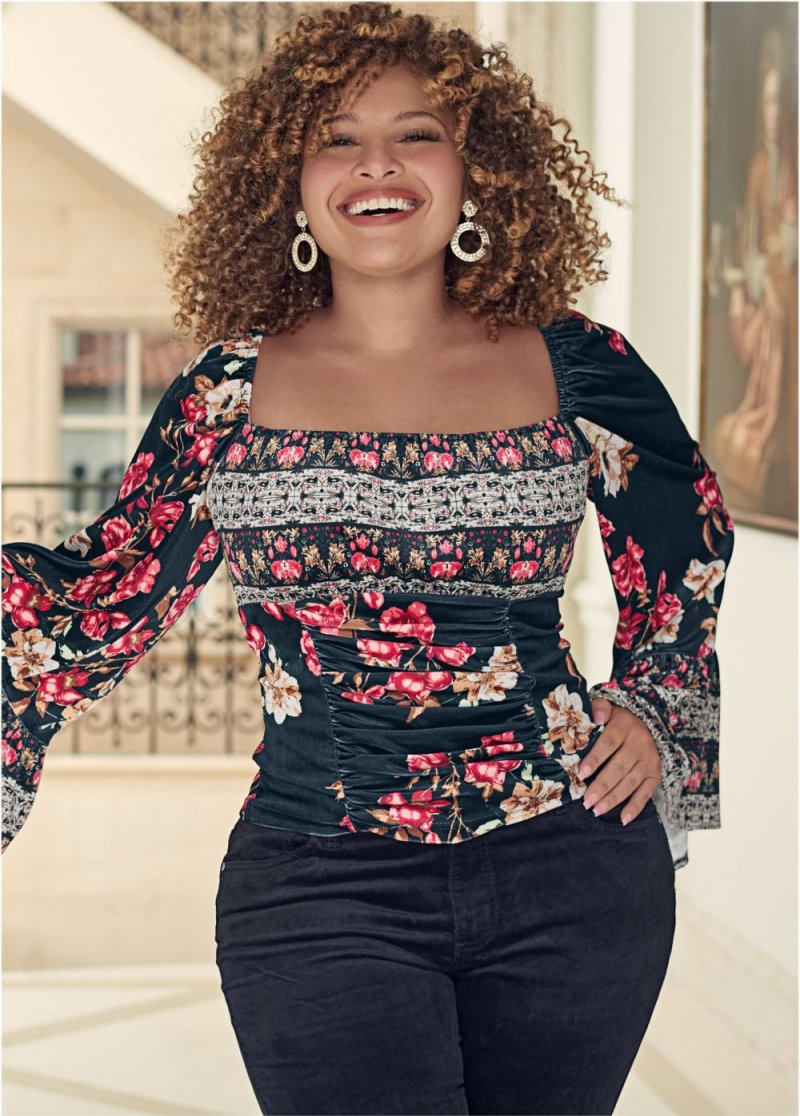 Venus Plus Size Velvet Floral Print Top