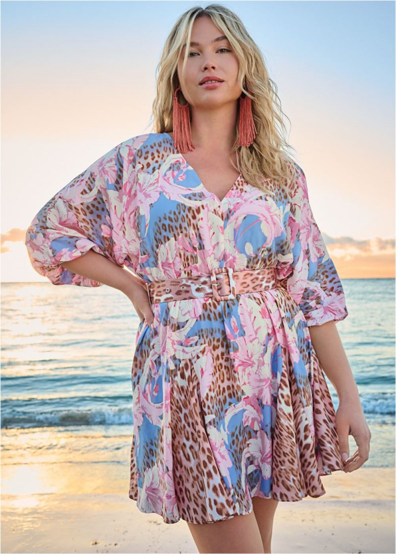 Venus Plus Size Classic Cheetah And Tropical Floral Dress