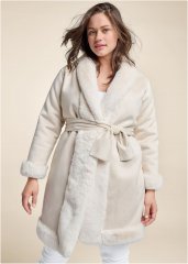 Venus Faux-Fur Trim Coat in Off White