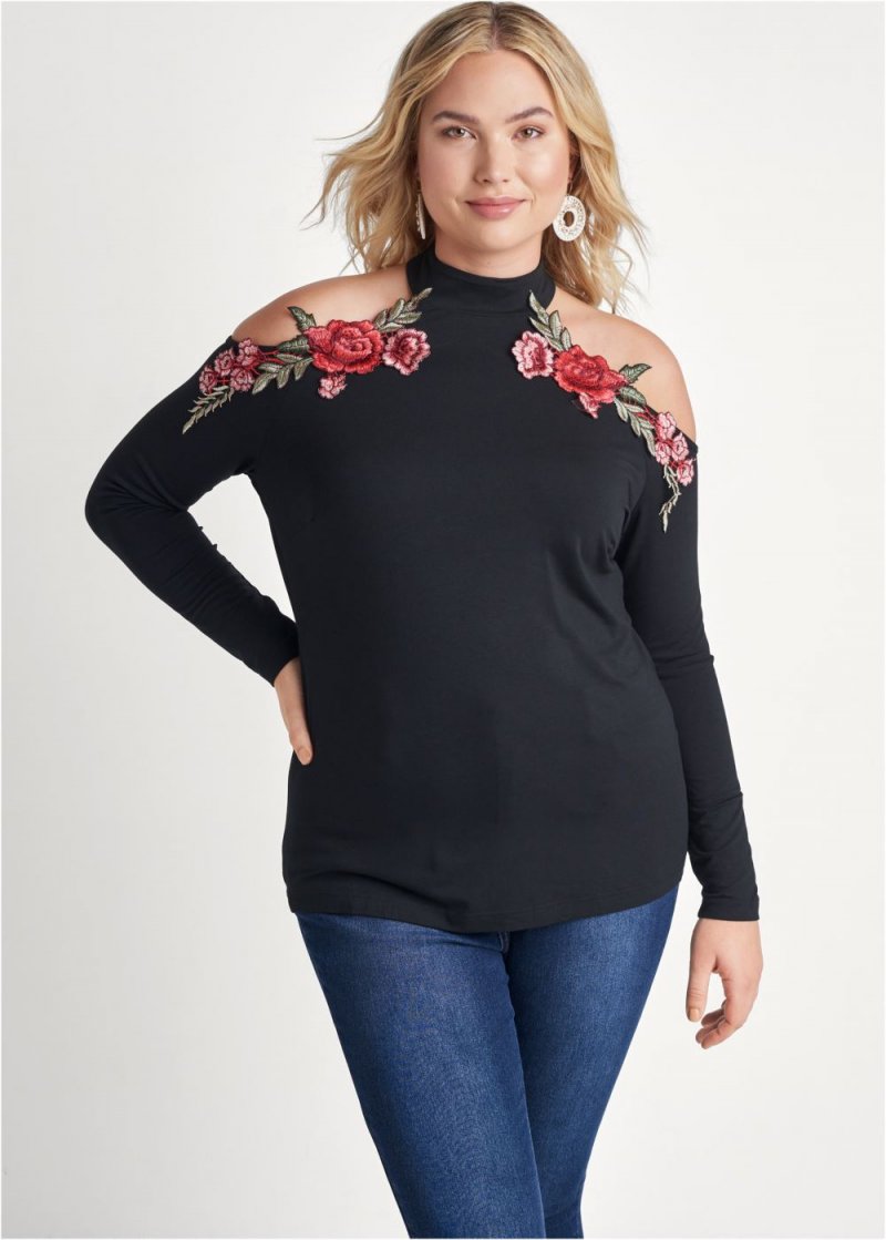 Venus Plus Size Rose Applique Cold-Shoulder Top