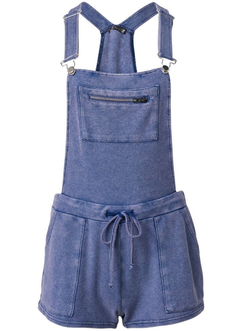 Venus Plus Size Washed Textured Overalls in Dark Blue