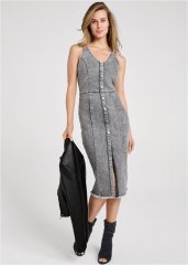 Venus Button Front Denim Dress - Grey Washed Denim