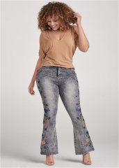 Venus Plus Size Floral Embroidered Jeans in Black Acid Wash